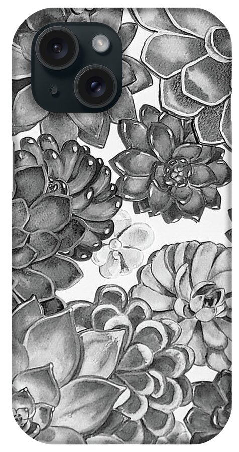 Succulent iPhone Case featuring the painting Gray Monochrome Succulent Plants Garden Watercolor Art Decor IX by Irina Sztukowski