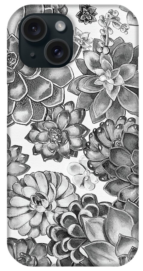 Succulent iPhone Case featuring the painting Gray Monochrome Succulent Plants Garden Watercolor Art Decor XI by Irina Sztukowski