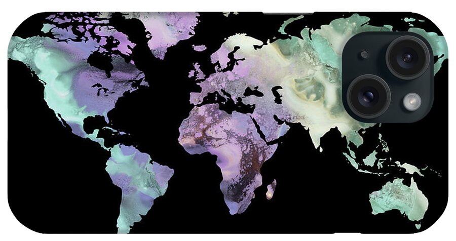 World Map iPhone Case featuring the painting Gray Purple Marble Stone World Map Watercolor Silhouette by Irina Sztukowski