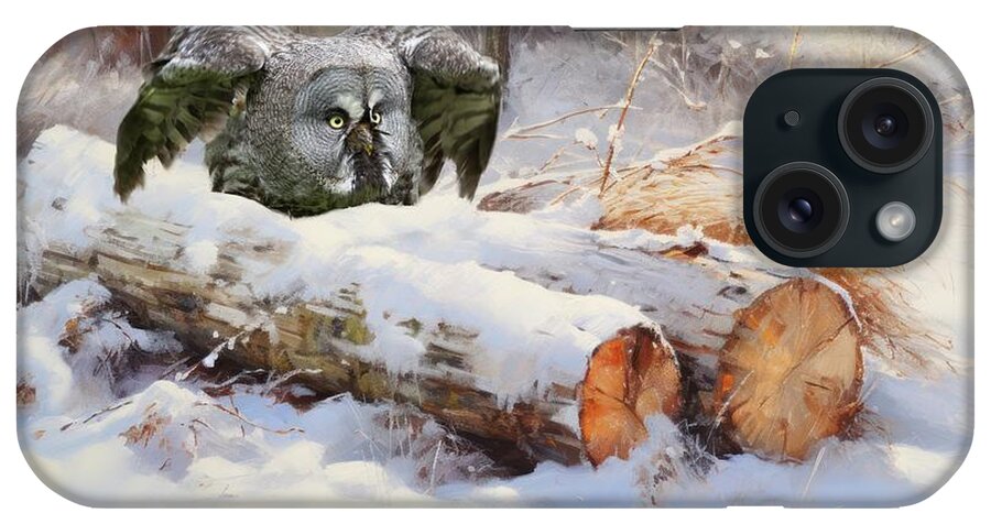 Great Grey Owl iPhone Case featuring the mixed media Great Grey Owl Taking Off by Eva Lechner
