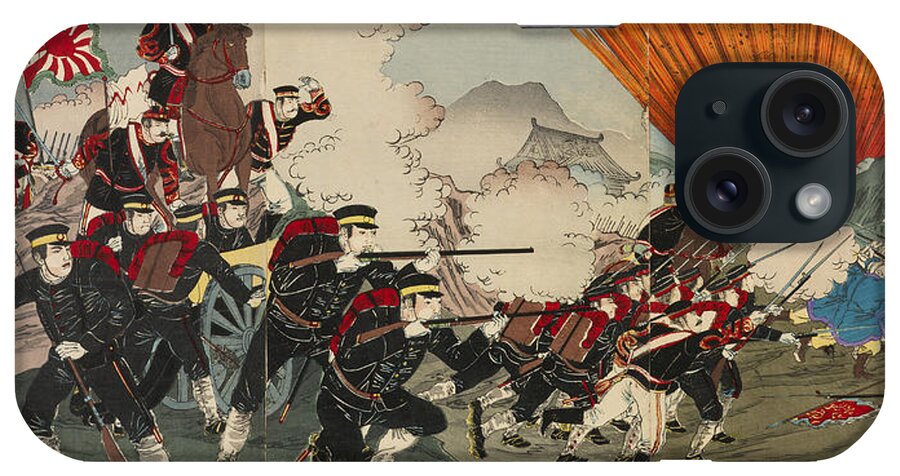 iPhone Case featuring the drawing Great War between Japan and China Our Forces Occupy Fenghuangcheng in a Great Victory by Watanabe Nobukazu