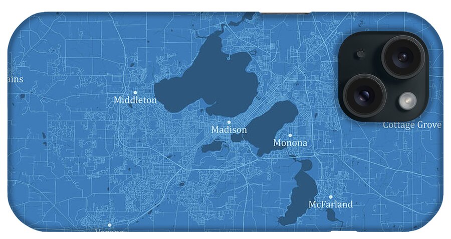 Wisconsin iPhone Case featuring the digital art Greater Madison WI City Vector Road Map Blue Text by Frank Ramspott
