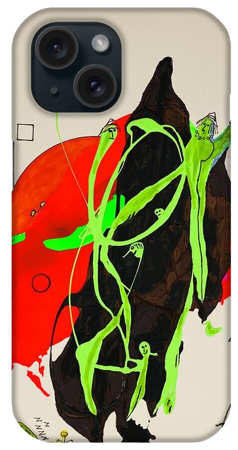  iPhone Case featuring the mixed media Green Faces on Black and Red 11149 by Lew Hagood