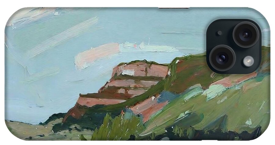 Plein Air iPhone Case featuring the painting Green Mountain Painting plein air impressionism landscape mountain original abstract acrylic art artistic artwork background canvas cloudscape contemporary copy space creativity design distant by N Akkash