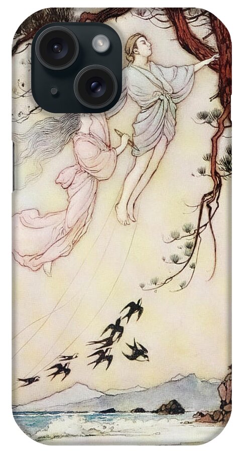 Warwick Goble iPhone Case featuring the drawing Green Willow 1910 - The wind in the pine tree by Warwick Goble
