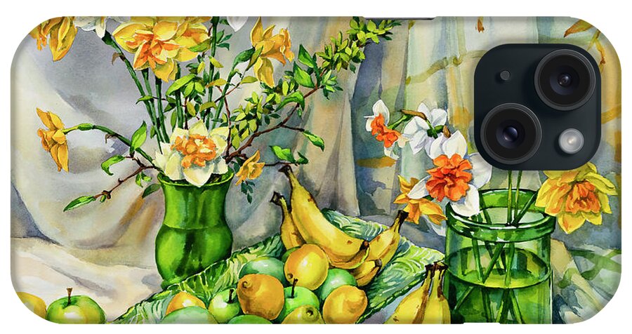 Green iPhone Case featuring the painting Green Yellow Still Life with Daffodils by Maria Rabinky