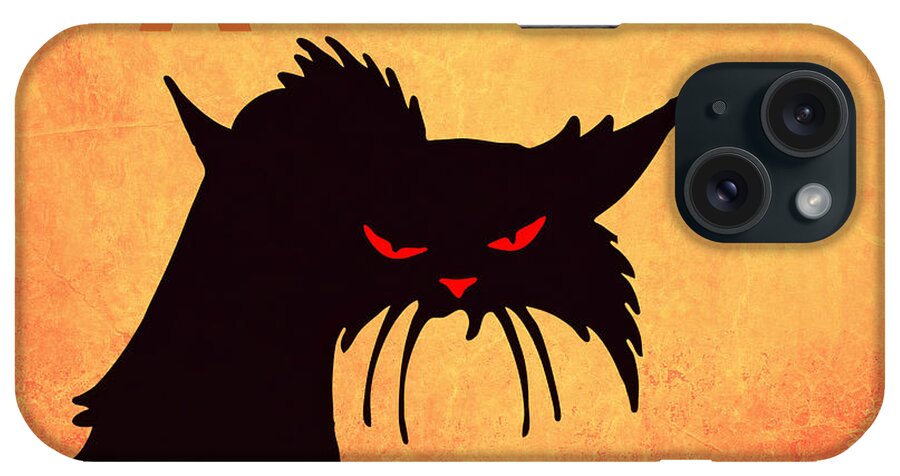 Happy Halloween iPhone Case featuring the mixed media Happy Halloween scene with black cat and bats, halloween by Mounir Khalfouf
