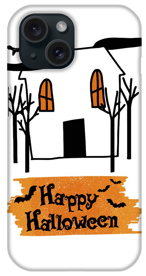 Witch iPhone Case featuring the digital art Haunted House Halloween Cute Doodle, Halloween Trick Treat Spooky Creepy Pumpkin Concept, Scary Tree by Mounir Khalfouf