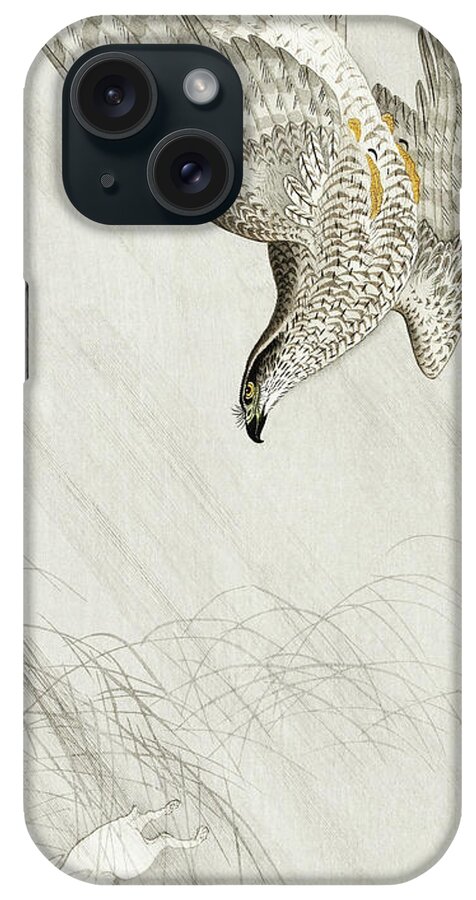 Bird iPhone Case featuring the painting Hawk hunting a hare by Ohara Koson
