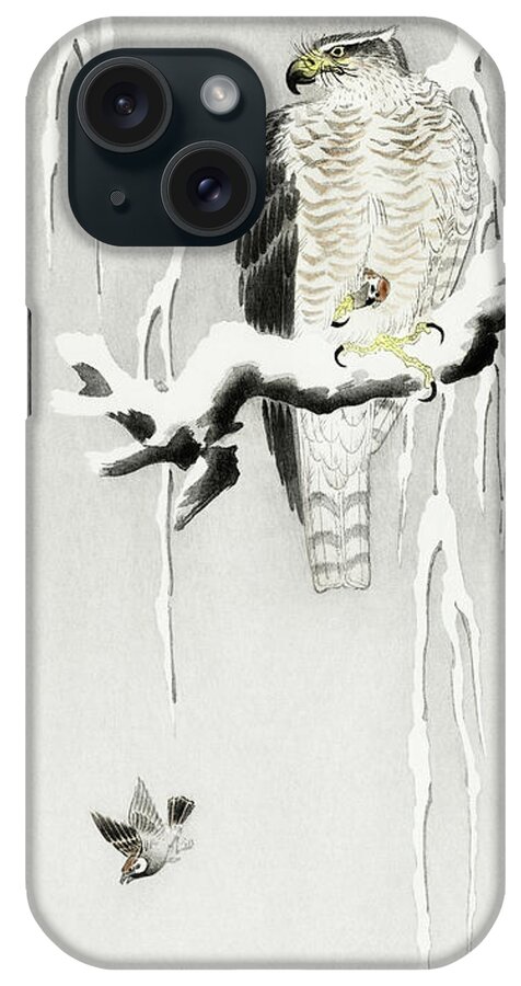 Bird iPhone Case featuring the painting Hawk with captured ring sparrow by Ohara Koson