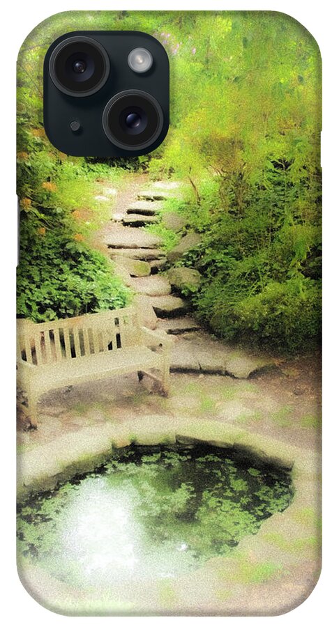Pond Water Bench Stone Steps Fog iPhone Case featuring the photograph Hazy Pond by John Linnemeyer