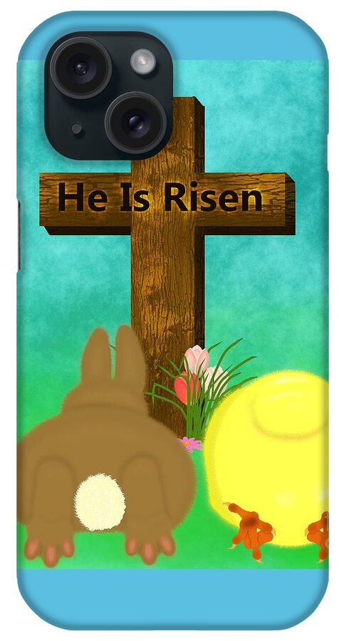 He Is Risen iPhone Case featuring the digital art He Is Risen The Easter Bunny and Chick Bow to Cross by Colleen Cornelius