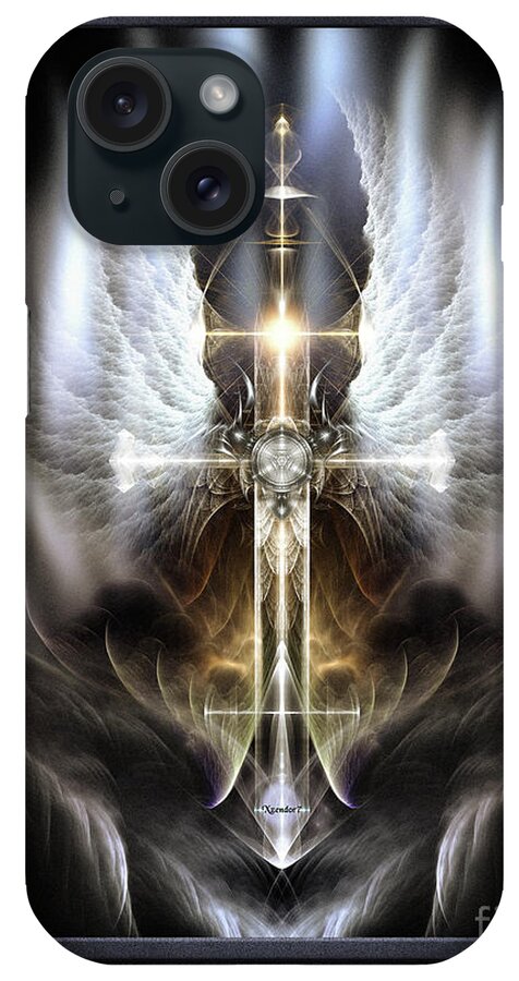 Heaven iPhone Case featuring the digital art Heavenly Angel Wing Cross Black Steel Fractal Art Composition by Rolando Burbon