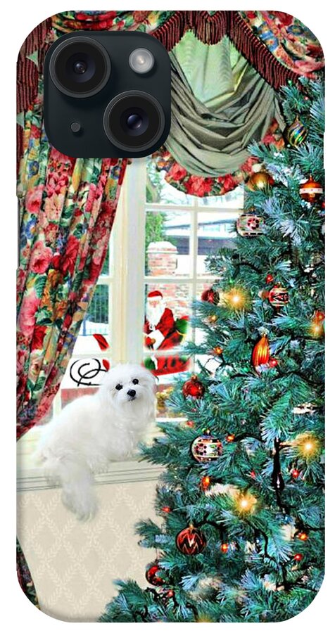 Maltese Dog iPhone Case featuring the mixed media Santa's Here by Morag Bates