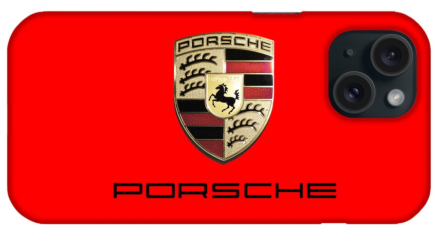 Porsche Shield iPhone Case featuring the photograph High Res Quality Porsche Emblem - Logo Isolated on Colorful Background by Stefano Senise Fineart