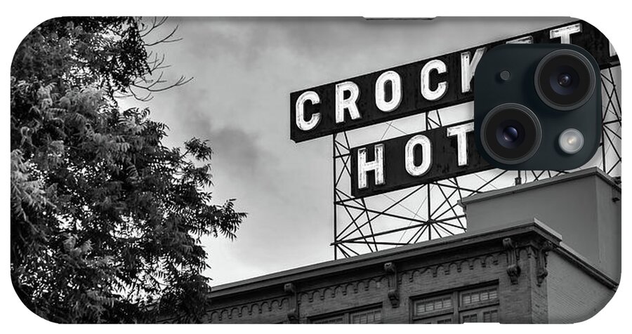 San Antonio iPhone Case featuring the photograph Historic Crockett Hotel and Neon Sign Panorama - San Antonio Texas Monochrome by Gregory Ballos