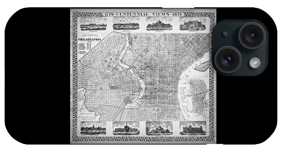 Philadelphia iPhone Case featuring the photograph Historic Map of Philadelphia Pennsylvania 1876 Black and White by Carol Japp