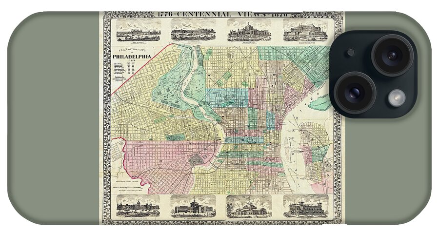 Philadelphia iPhone Case featuring the photograph Historic Map of Philadelphia Pennsylvania 1876 by Carol Japp