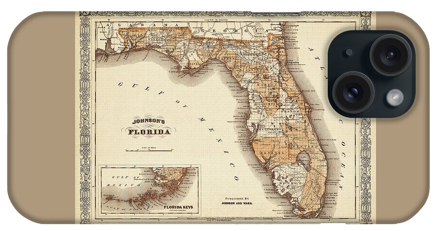 Florida Map iPhone Case featuring the photograph Historical Map of Florida 1866 Sepia by Carol Japp