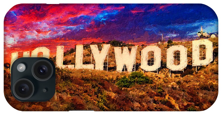 Hollywood iPhone Case featuring the digital art Hollywood sign in the sunset light with a dramatic sky - digital painting by Nicko Prints
