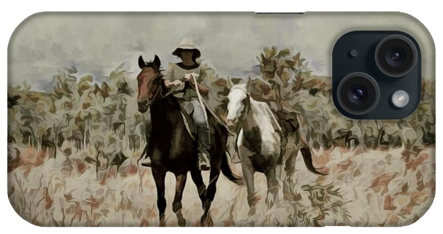 Horse Riding iPhone Case featuring the mixed media Horse Power Mustering With A Spare by Joan Stratton