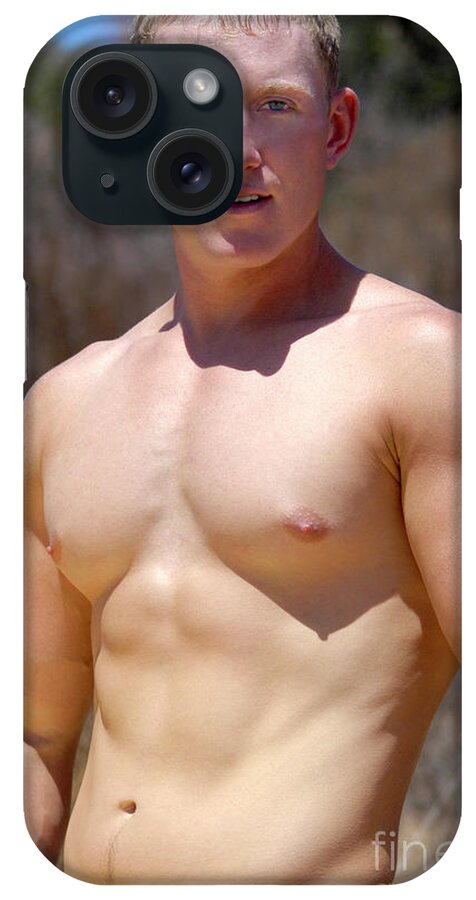 Gay iPhone Case featuring the photograph Hot young male model strips shirtless to show off his body. by Gunther Allen