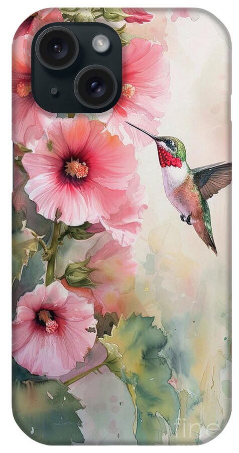 Hummingbird iPhone Case featuring the painting Hummingbird At The Hollyhock by Tina LeCour