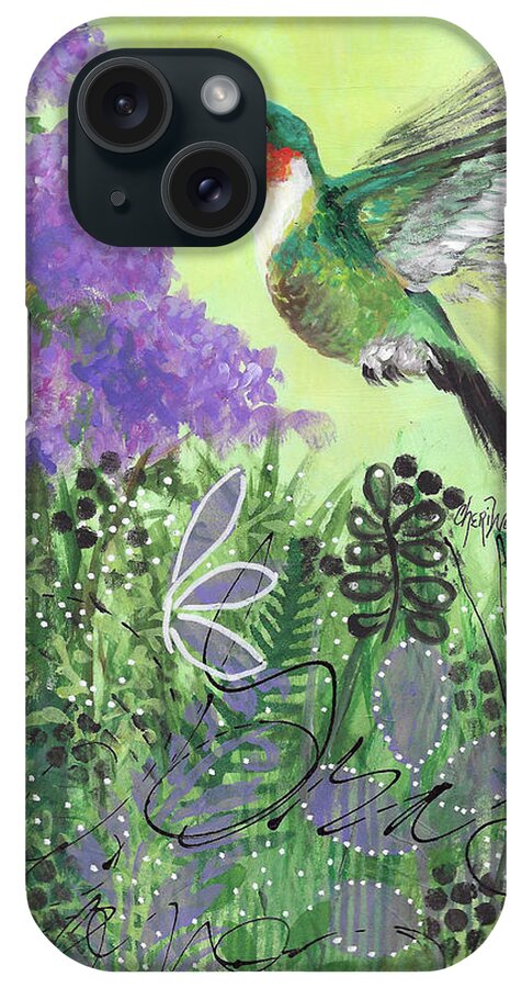 Mixed Media Art iPhone Case featuring the painting Hummingbird Out My Window by Cheri Wollenberg