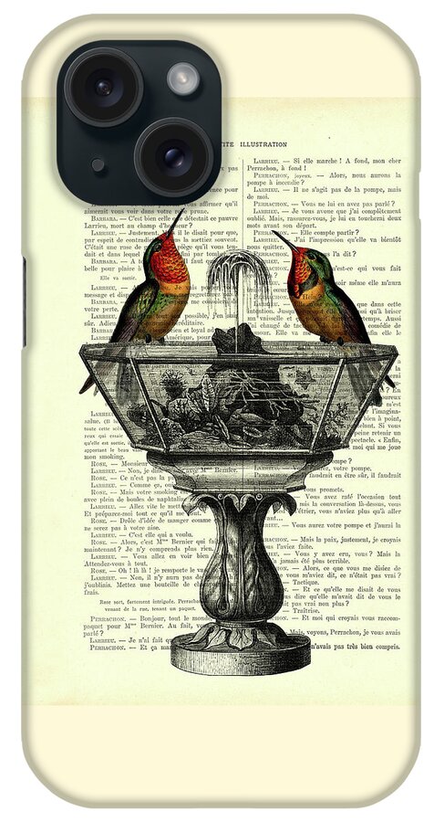 Bird iPhone Case featuring the mixed media Hummingbirds on water fountain book page art by Madame Memento
