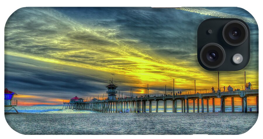 Reid Callaway Huntington Beach Pier Images iPhone Case featuring the photograph Huntington Beach Pier Sunset Reflections 8 California Surfing 7 Seascape Art by Reid Callaway