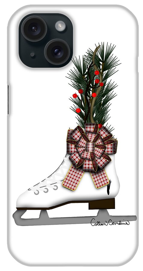 Ice Skate iPhone Case featuring the digital art Ice Skate Christmas Decoration with Tartan Bow by Colleen Cornelius