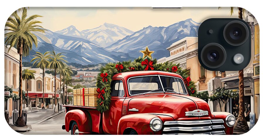 Christmas Art iPhone Case featuring the painting Iconic Red Truck Brings Christmas Cheer to Hollywood by Lourry Legarde