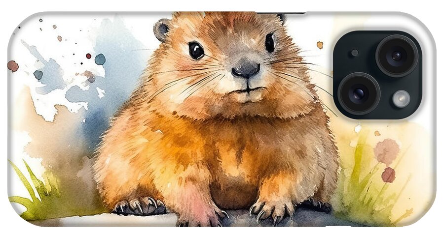 Cute iPhone Case featuring the painting Illustration of watercolor cute baby marmot, by N Akkash