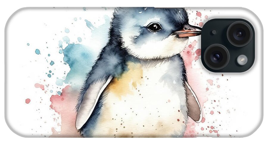 Cute iPhone Case featuring the painting Illustration of watercolor cute baby penguin, by N Akkash