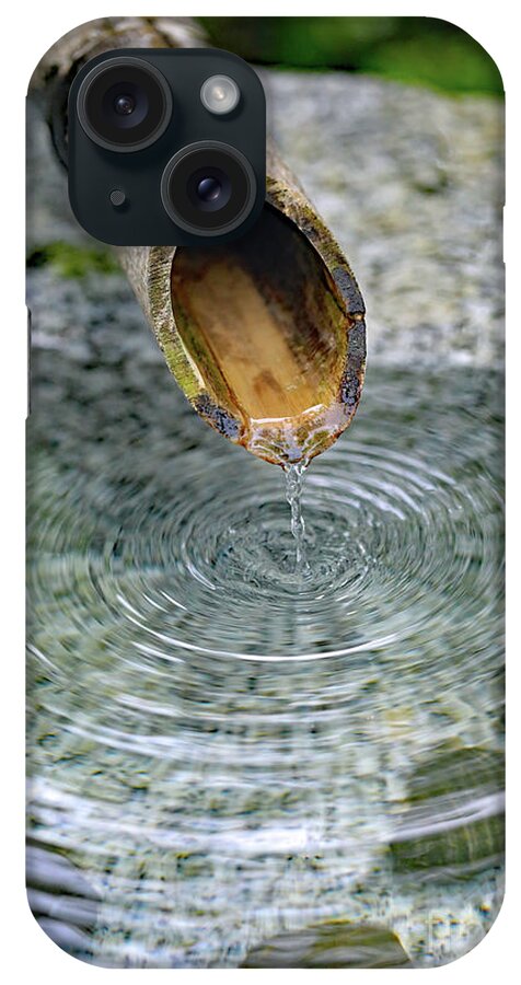 Water Fountain; Fountain; Japanese Fountain; Japanese Garden; Zen; Water; Drip; Droplets; Bamboo; Pool; Stone; Pebbles; Green; iPhone Case featuring the photograph In a Japanese Garden by Tina Uihlein