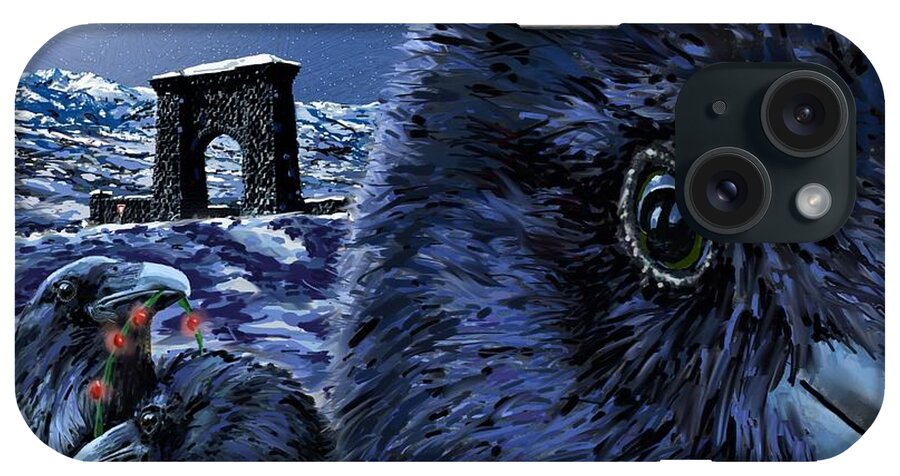 Raven Christmas Cards iPhone Case featuring the digital art In the Eye of the Raven, For the Benefit and Enjoyment of the People by Les Herman