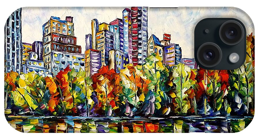Colorful Cityscape iPhone Case featuring the painting Indian Summer In The Central Park by Mirek Kuzniar