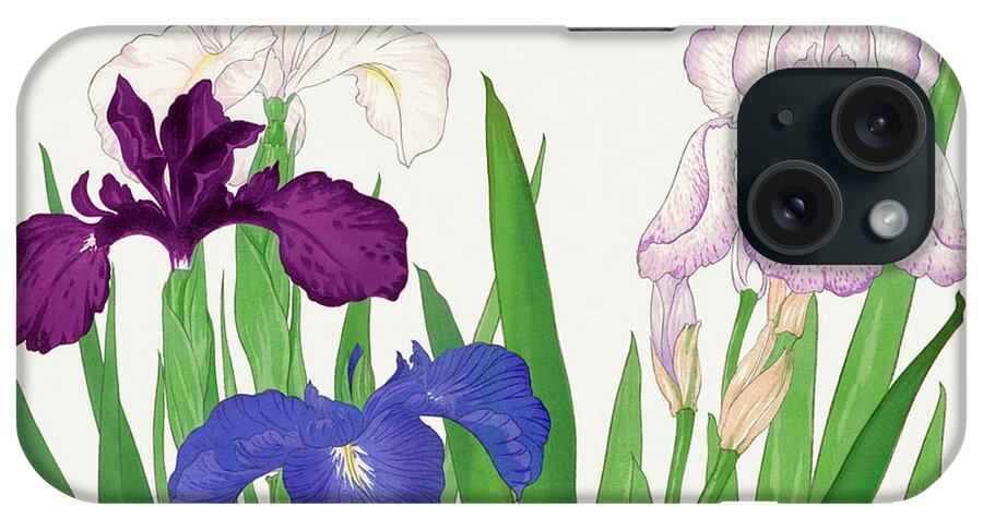 Vintage Flower Illustrations iPhone Case featuring the digital art Iris Flowers - Ukiyo e art - Vintage Japanese woodblock art - Seiyo SOKA ZUFU by Tanigami Konan by Studio Grafiikka