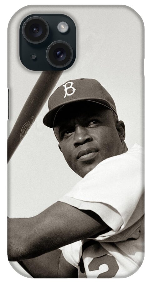Jackie Robinson iPhone Case featuring the painting Jackie Robinson of the Brooklyn Dodgers, posed and ready to swing by American Photo