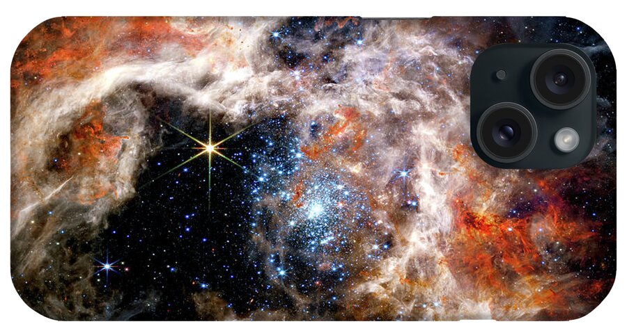 30 iPhone Case featuring the photograph James Webb Space Telescope - Tarantula Nebula - NIRCam Image - Enhanced Version - Square Crop by Eric Glaser