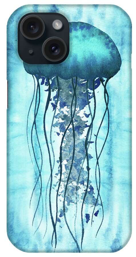 Teal iPhone Case featuring the painting Jellyfish In Teal Blue Ocean by Irina Sztukowski