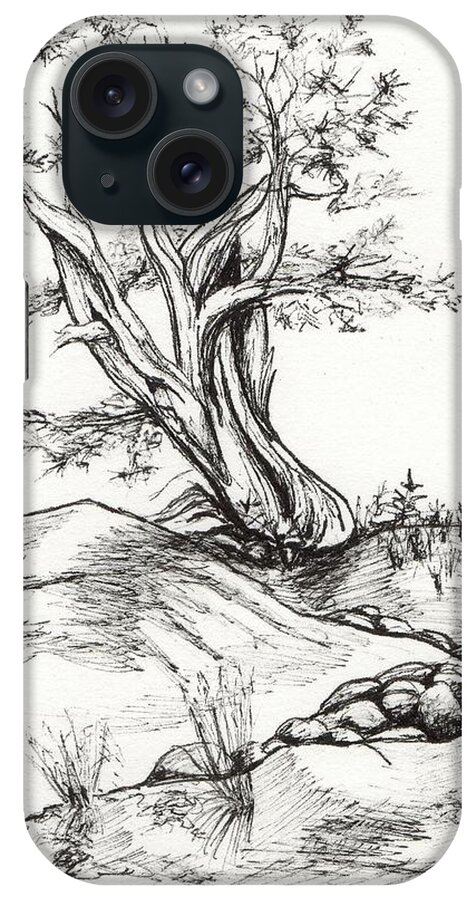 Black And White iPhone Case featuring the drawing Juniper and Dry Stream by Tammy Nara