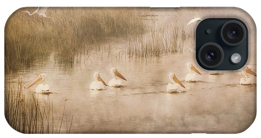 White Pelicans iPhone Case featuring the digital art Just Another Day at the Lake by Linda Lee Hall