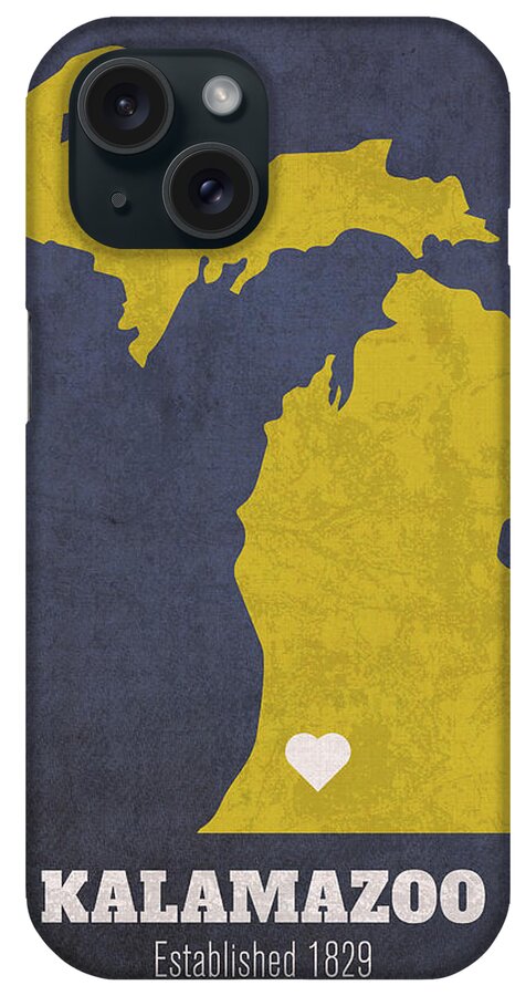 Kalamazoo iPhone Case featuring the mixed media Kalamazoo Michigan City Map Founded 1829 University of Michigan Color Palette by Design Turnpike