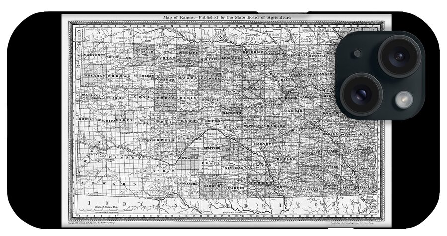 Kansas iPhone Case featuring the photograph Kansas Antique Vintage Map 1883 Black and White by Carol Japp