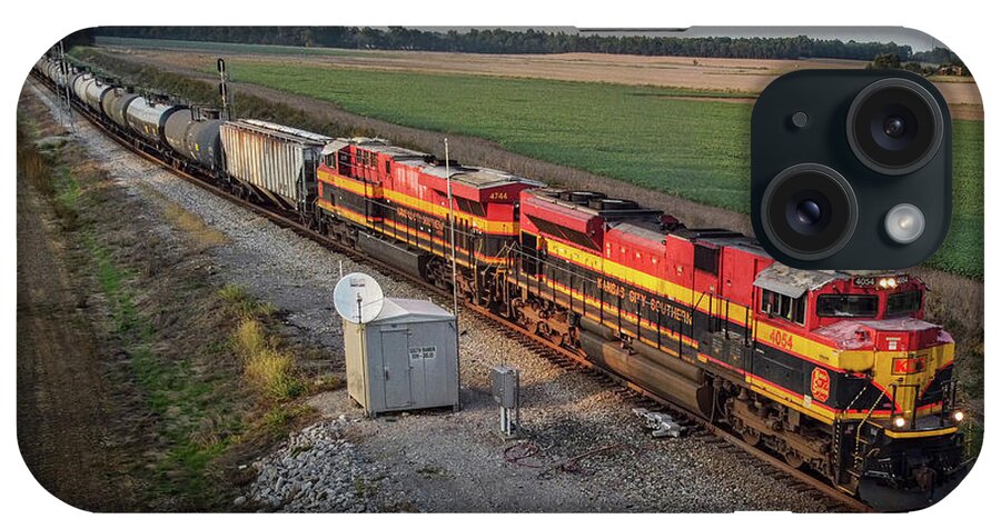 Railroad iPhone Case featuring the photograph Kansas City Southern 4054 and 4744 lead loaded ethanol train by Jim Pearson