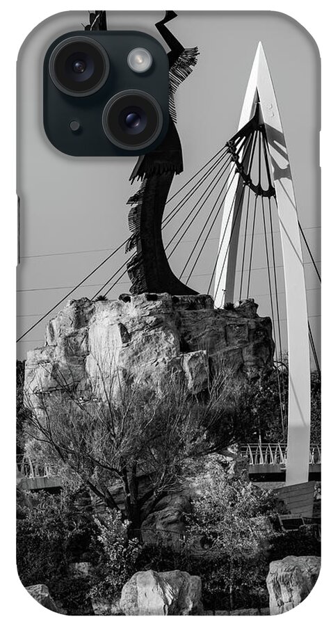 Keeper Of The Plains iPhone Case featuring the photograph Kansas Keeper of The Plains Memorial in Wichita - Black and White by Gregory Ballos