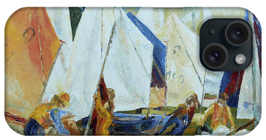 Optimist iPhone Case featuring the painting Kids Rigging Their Boats For Sail Training by Barbara Pommerenke