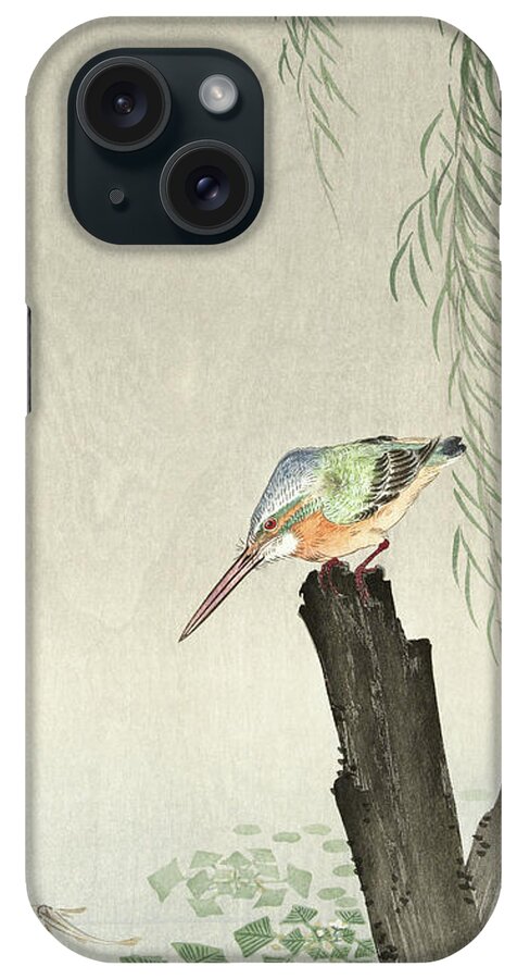 Bird iPhone Case featuring the painting Kingfisher on a tree stump by Ohara Koson
