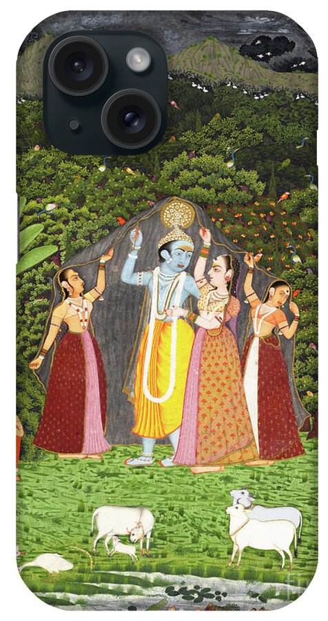 Krishna iPhone Case featuring the digital art Krishna and the Gopis Take Shelter from Rain 1760 Jaipur Rajasthan India by Peter Ogden